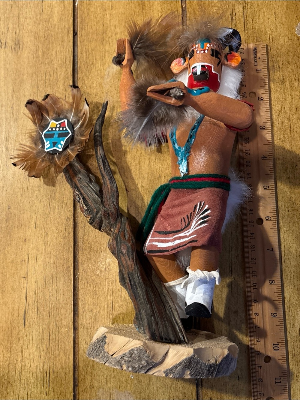 Vintage Brown and Red Kachina Doll with Feathers Native American decoration Vtg - Picture 16 of 16